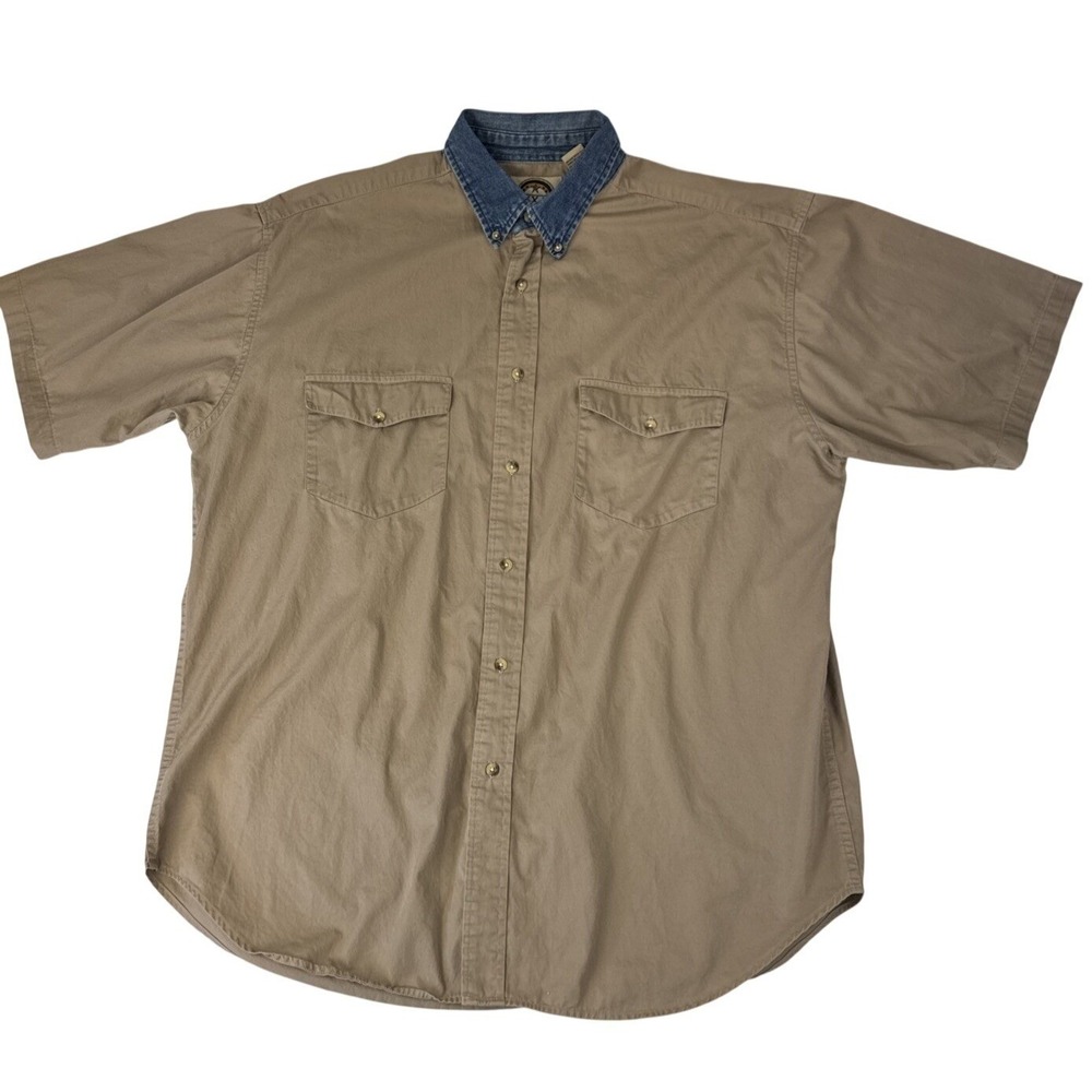 Texas Authentic Button‎ Down Shirt Men XL Tan Denim Collar Short Sleeve Cotton